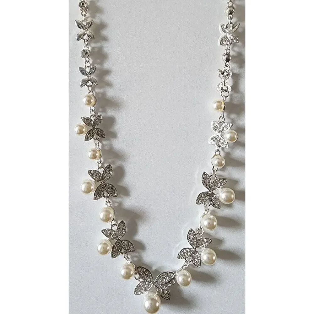 Faux Pearl and Rhinestone Butterfly Necklace & Earrings Set Wedding Prom Pretty